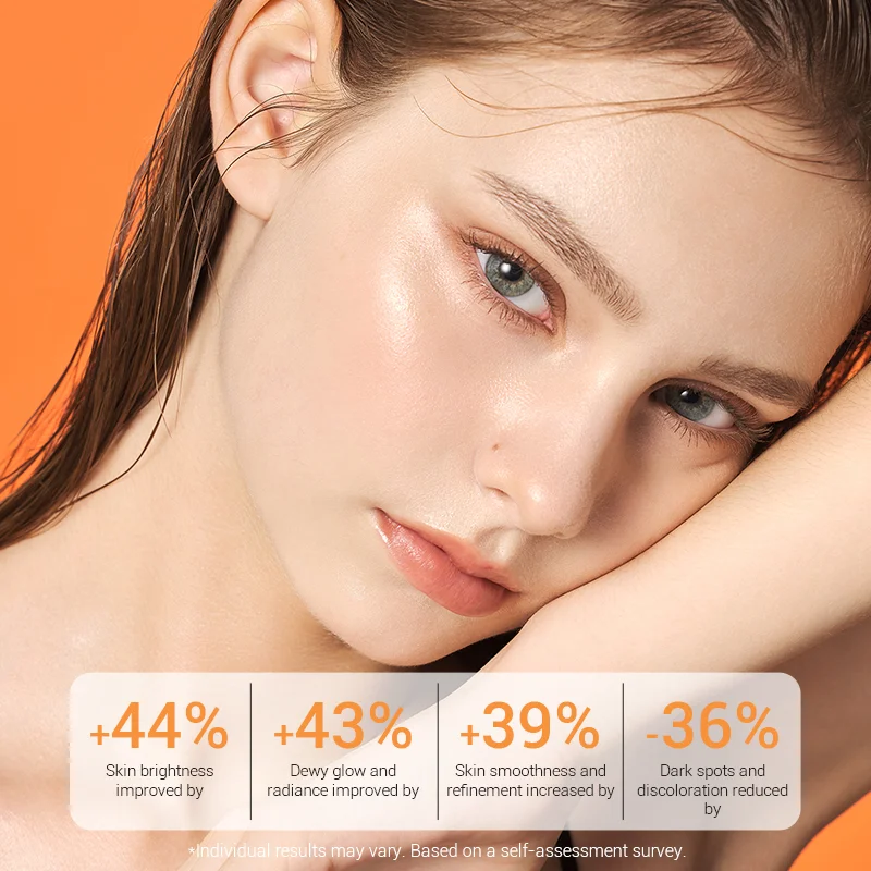Close-up of a person's neck and hair with improvement statistics for skincare including brightness, glow, smoothness, and dark spot reduction on an orange background.